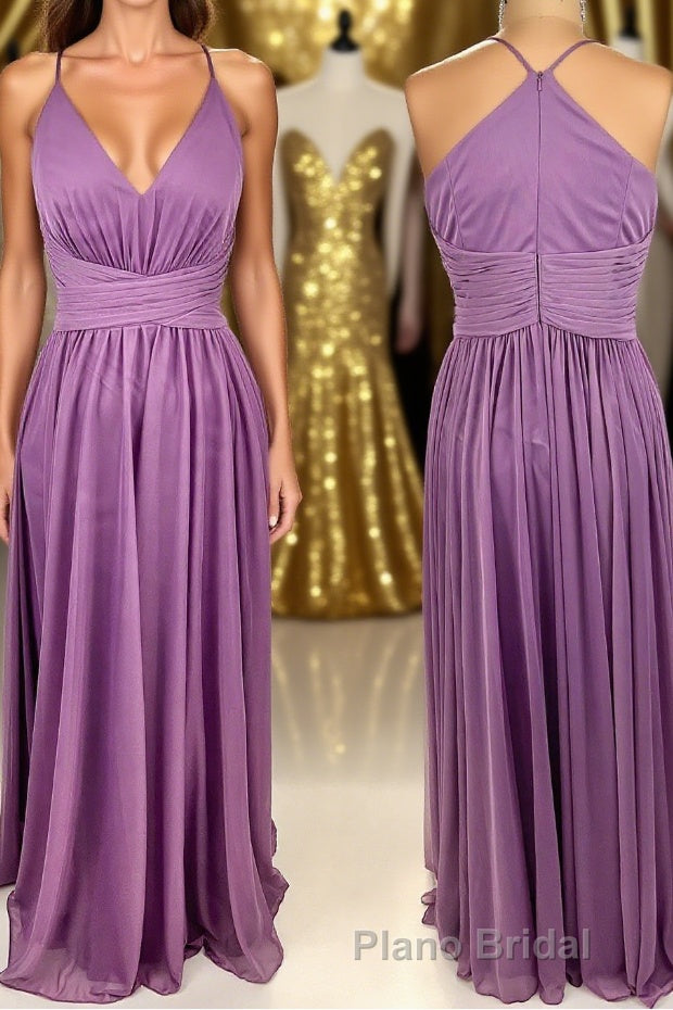 Purple Straps A-line Long Bridesmaid Dresses