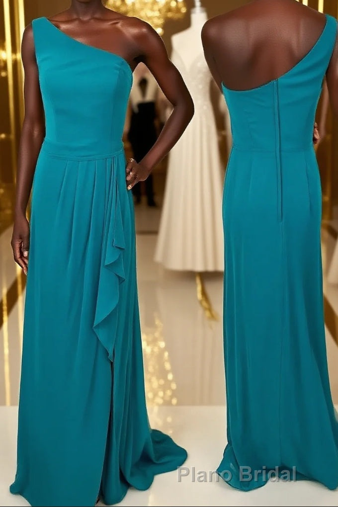 One Shoulder Turquoise Ruffles Chiffon Long Bridesmaid Dresses