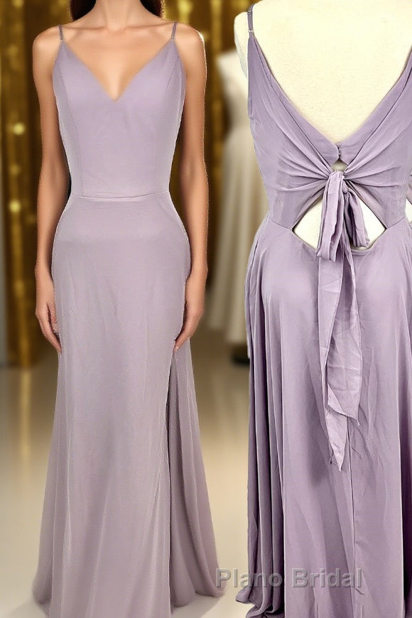 Straps Purple A-line Long Bridesmaid Dresses with Tie Back