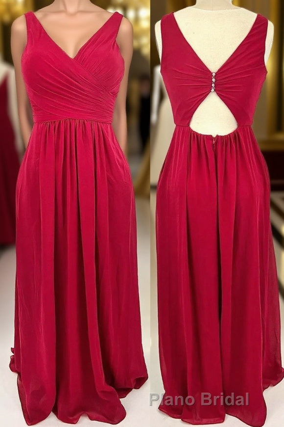 Ruched Red V Neck A-line Long Bridesmaid Dresses Main image