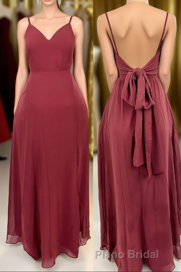 Ruffle Straps Burgundy Chiffon A-line Long Bridesmaid Dresses Main image
