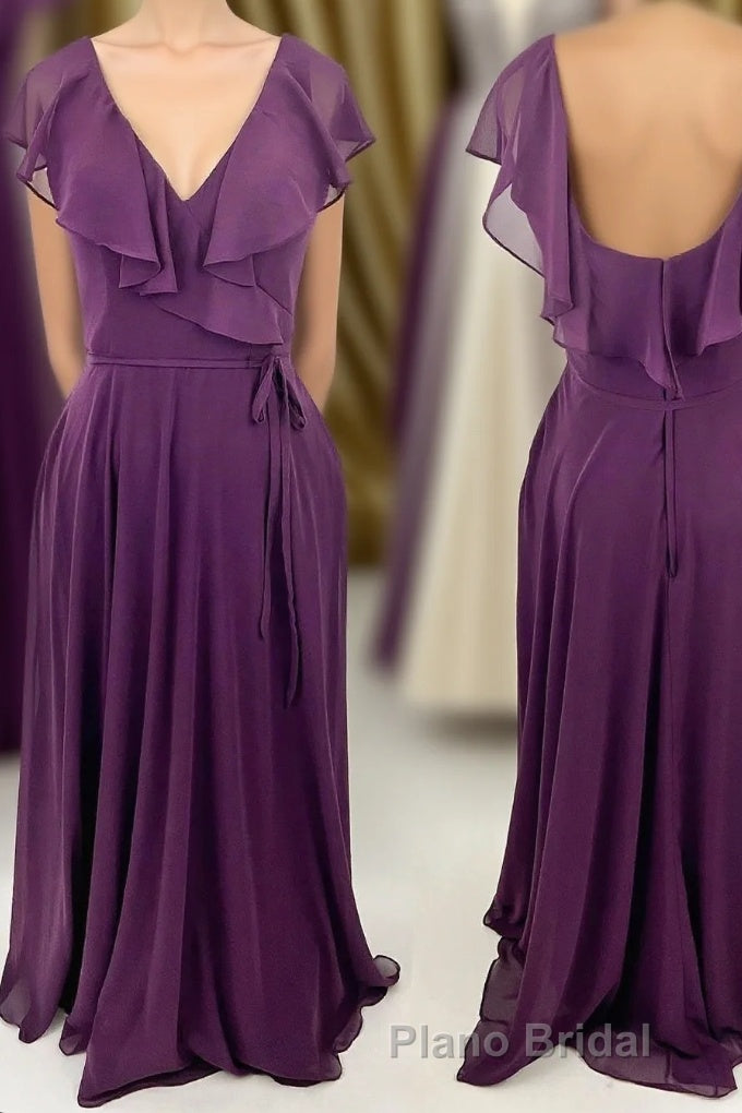 Ruffles Purple Chiffon A-line Long Bridesmaid Dresses