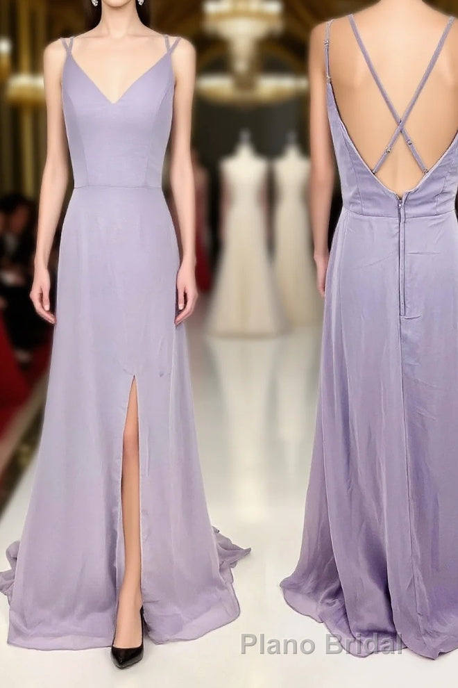 Double Straps Light Purple A-line Long Bridesmaid Dresses Main image