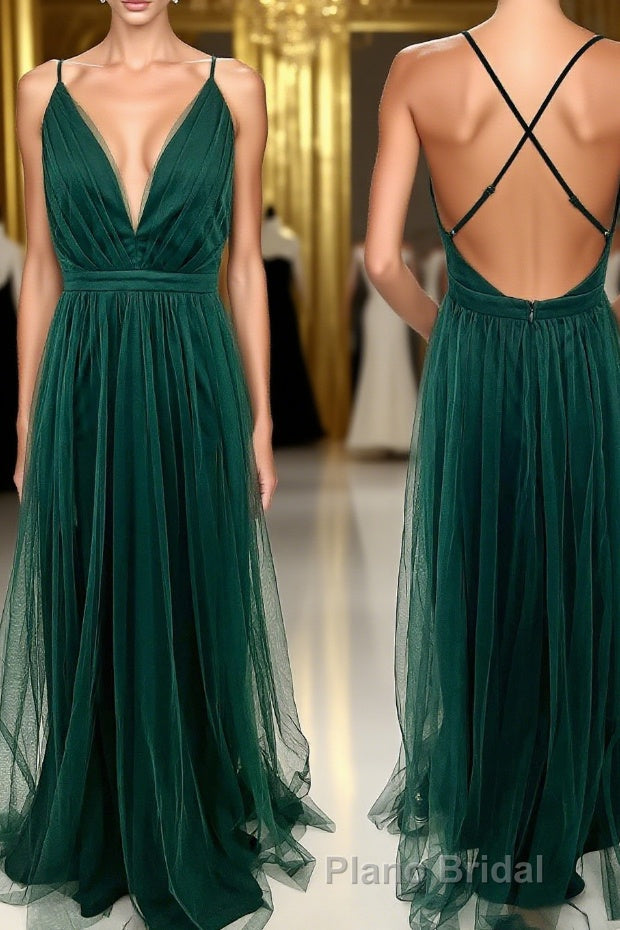 Straps Dark Green Tulle A-line Full Length Bridesmaid Dresses Main image