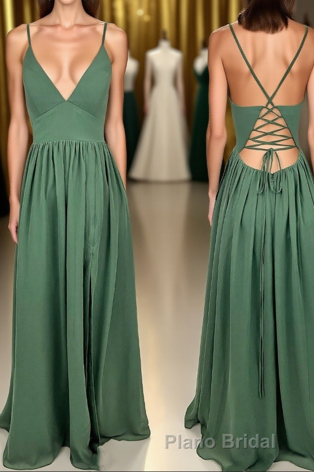 Straps Green A-line Long Prom Dresses with Lace Up Back Main image