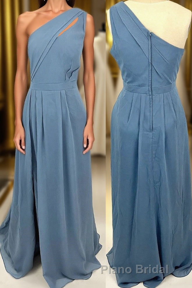 One Shoulder Misty Blue Chiffon A-line Long Bridesmaid Dresses Main image
