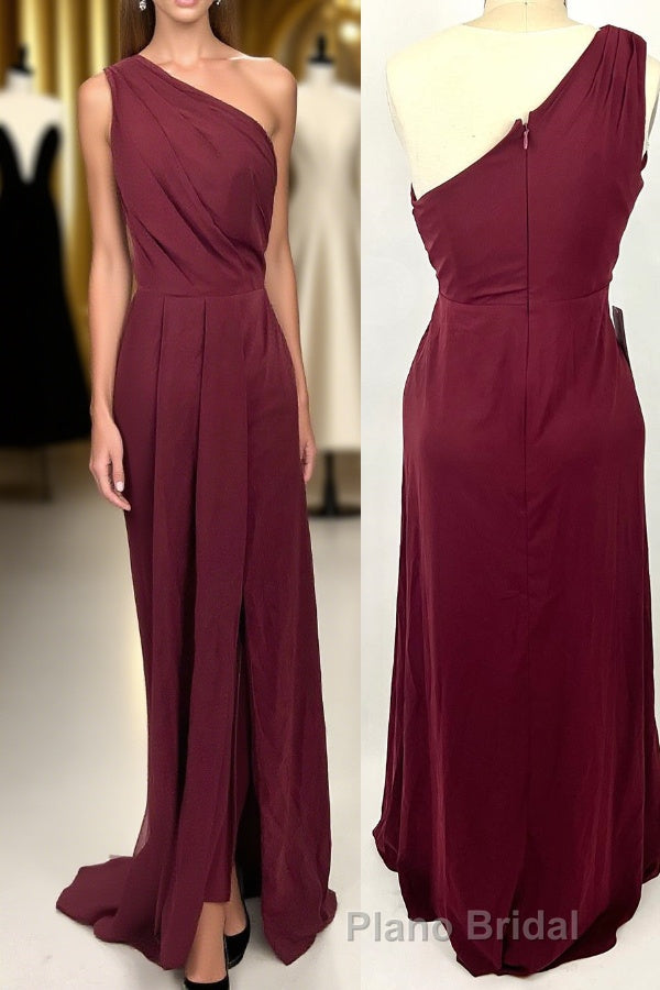 Ruched Wine Red One Shoulder A-line Long Bridesmaid Dresses Main image