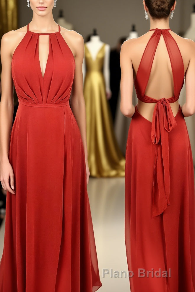 Scoop Red A-line Chiffon Long Bridesmaid Dresses with Open Back Main image