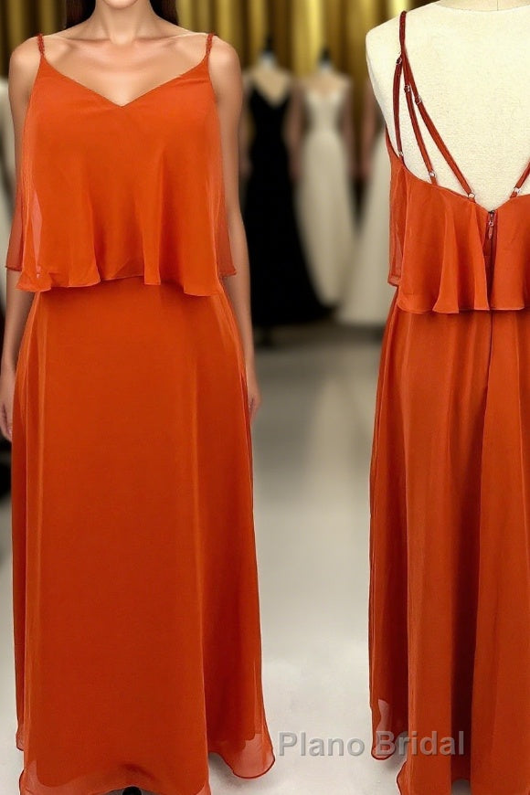 Straps Flounce Orange Chiffon Long Bridesmaid Dresses