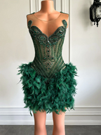 Real Luxury Black Girls Formal Occasion Birthday Party Dresses Emerald Green Feather Women Short Formal Prom Dresses