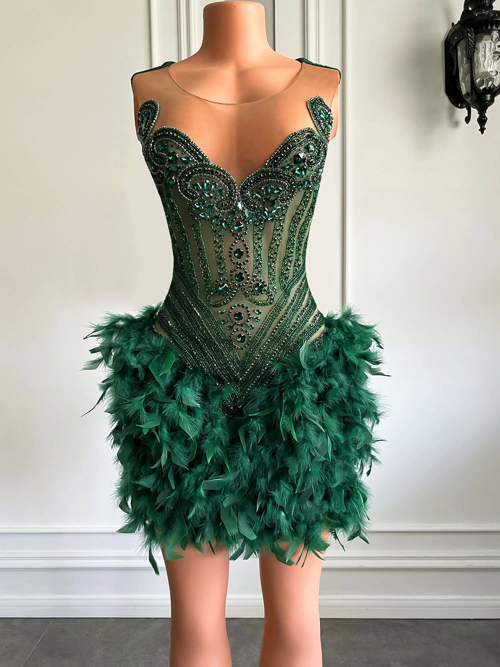 Real Luxury Black Girls Formal Occasion Birthday Party Dresses Emerald Green Feather Women Short Formal Prom Dresses