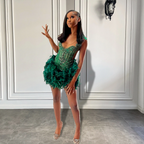 Real Luxury Black Girls Formal Occasion Birthday Party Dresses Emerald Green Feather Women Short Formal Prom Dresses