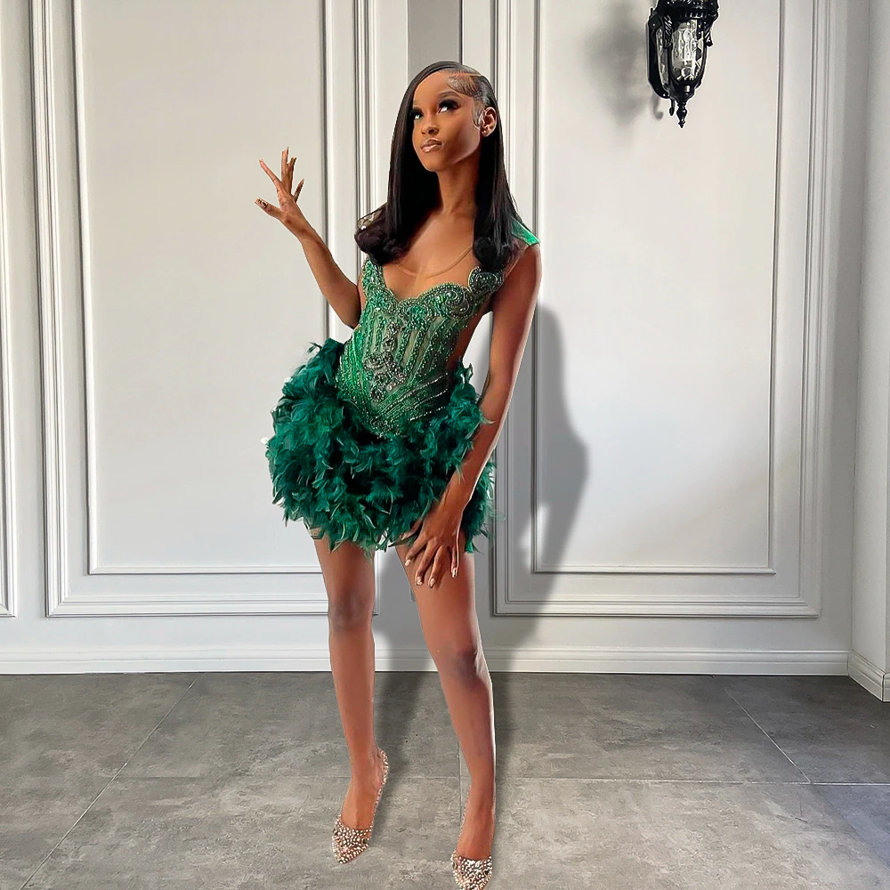 Real Luxury Black Girls Formal Occasion Birthday Party Dresses Emerald Green Feather Women Short Formal Prom Dresses