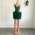 Real Luxury Black Girls Formal Occasion Birthday Party Dresses Emerald Green Feather Women Short Formal Prom Dresses