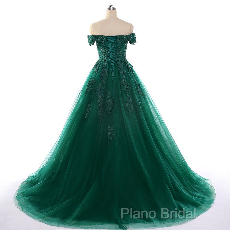 Real Off Shoulder Green Formal Prom Dresses Beaded Appliques Emerald Quince Dresses Secondary image