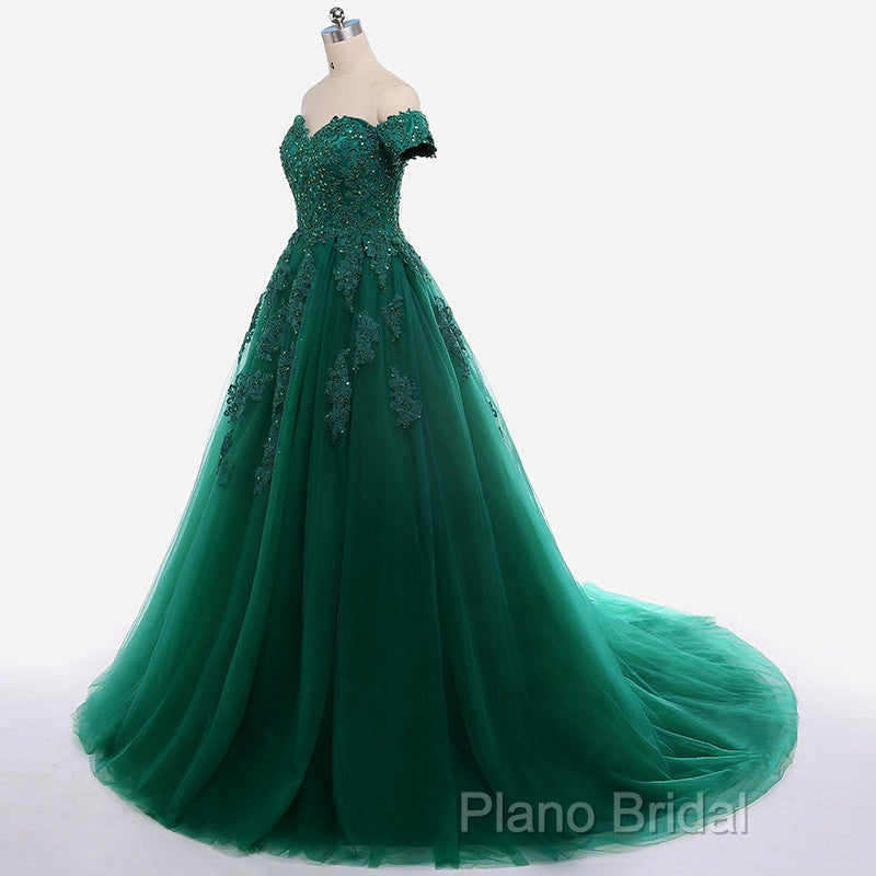 Real Off Shoulder Green Formal Prom Dresses Beaded Appliques Emerald Quince Dresses