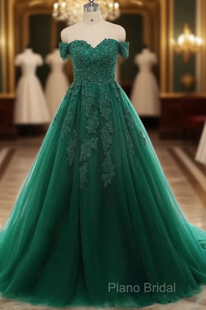 Real Off Shoulder Green Formal Prom Dresses Beaded Appliques Emerald Quince Dresses Main image