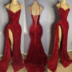 Real Sample Sexy High Slit Halter Sleeveless Sparkly Red Sequined Black Girls Long Formal Prom Dresses