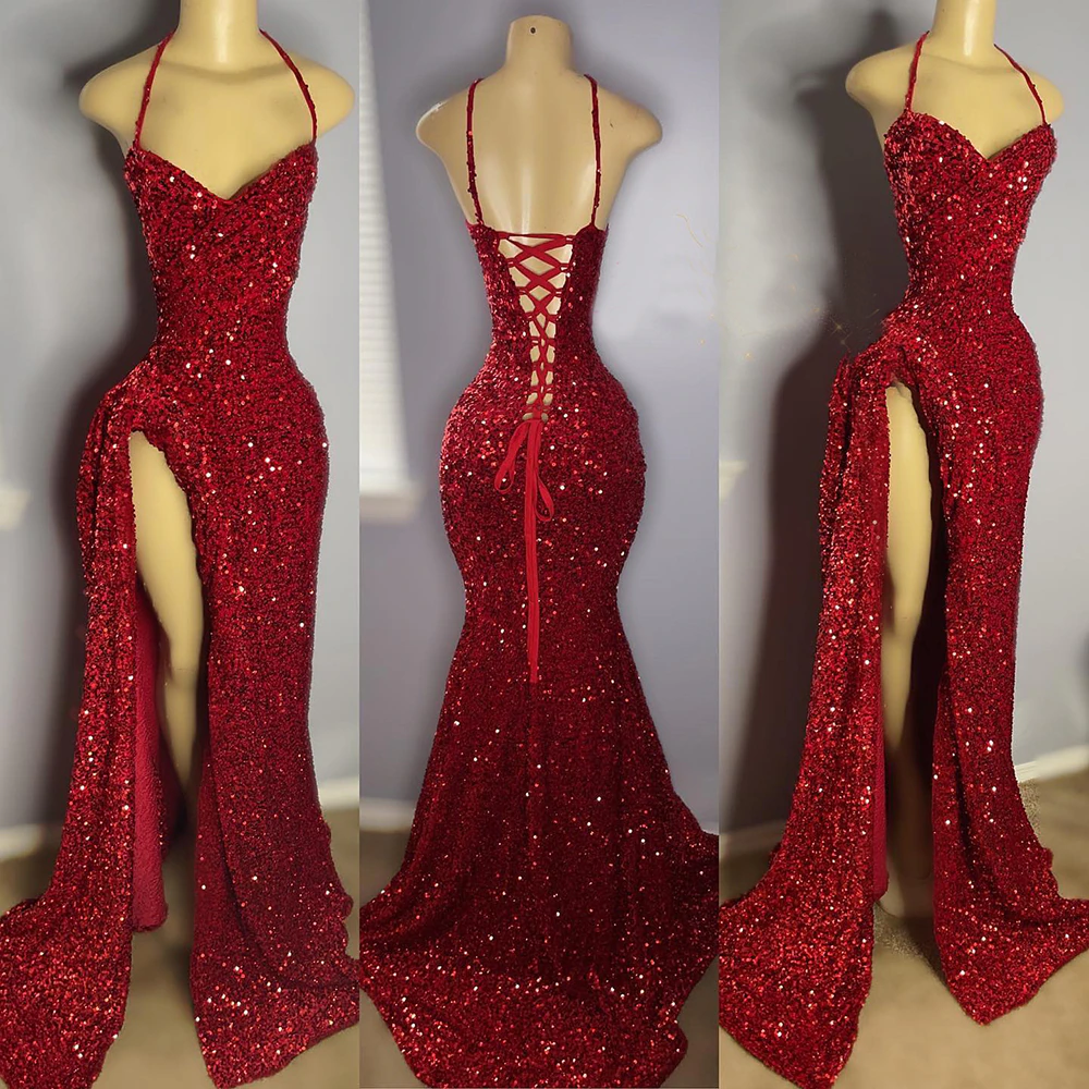 Real Sample Sexy High Slit Halter Sleeveless Sparkly Red Sequined Black Girls Long Formal Prom Dresses