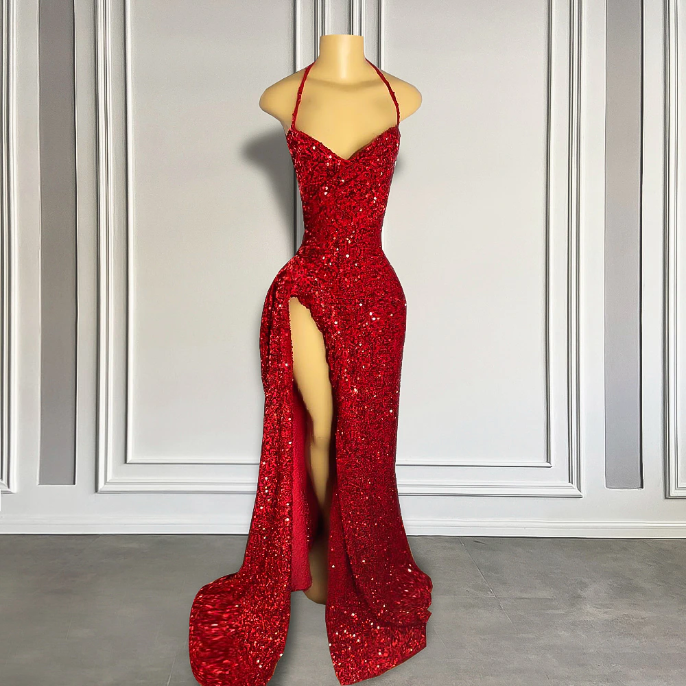 Real Sample Sexy High Slit Halter Sleeveless Sparkly Red Sequined Black Girls Long Formal Prom Dresses