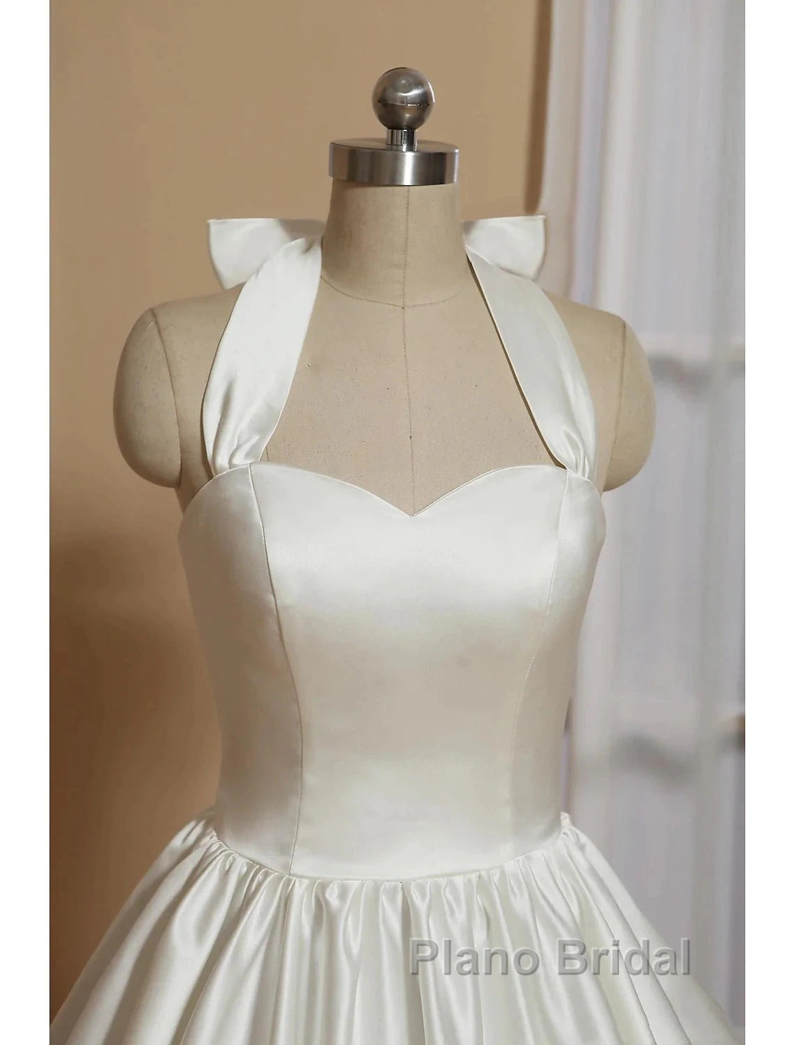 Reception Little White Dresses Wedding Dresses A-Line Halter Sleeveless Tea Length Satin Bridal Gowns With Bow(S) Pleats Secondary image