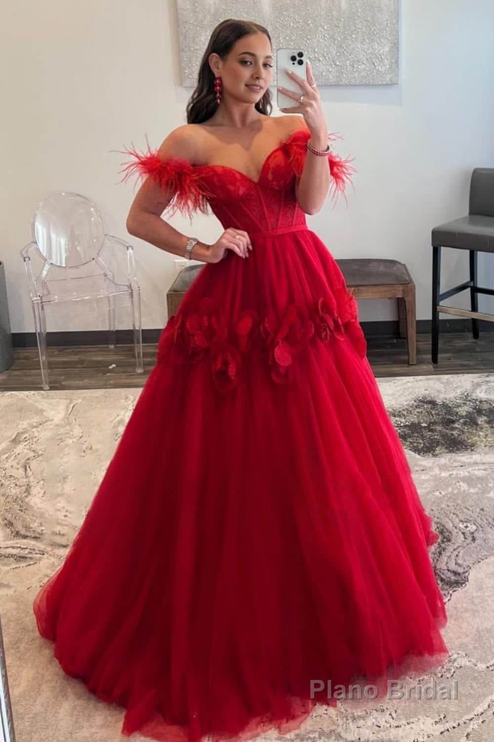 Red A-Line Corset Long Prom Dress with 3D Flowers Main image