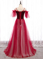 Red A-Line Floor Length Off Shoulder Long Formal Prom Dresses, Red Long Formal Dresses