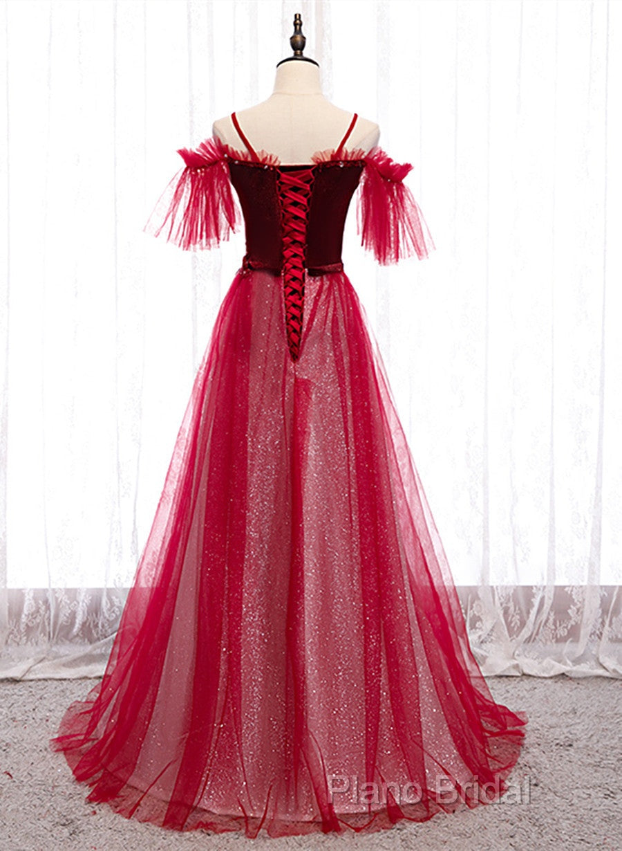 Red A-Line Floor Length Off Shoulder Long Formal Prom Dresses, Red Long Formal Dresses