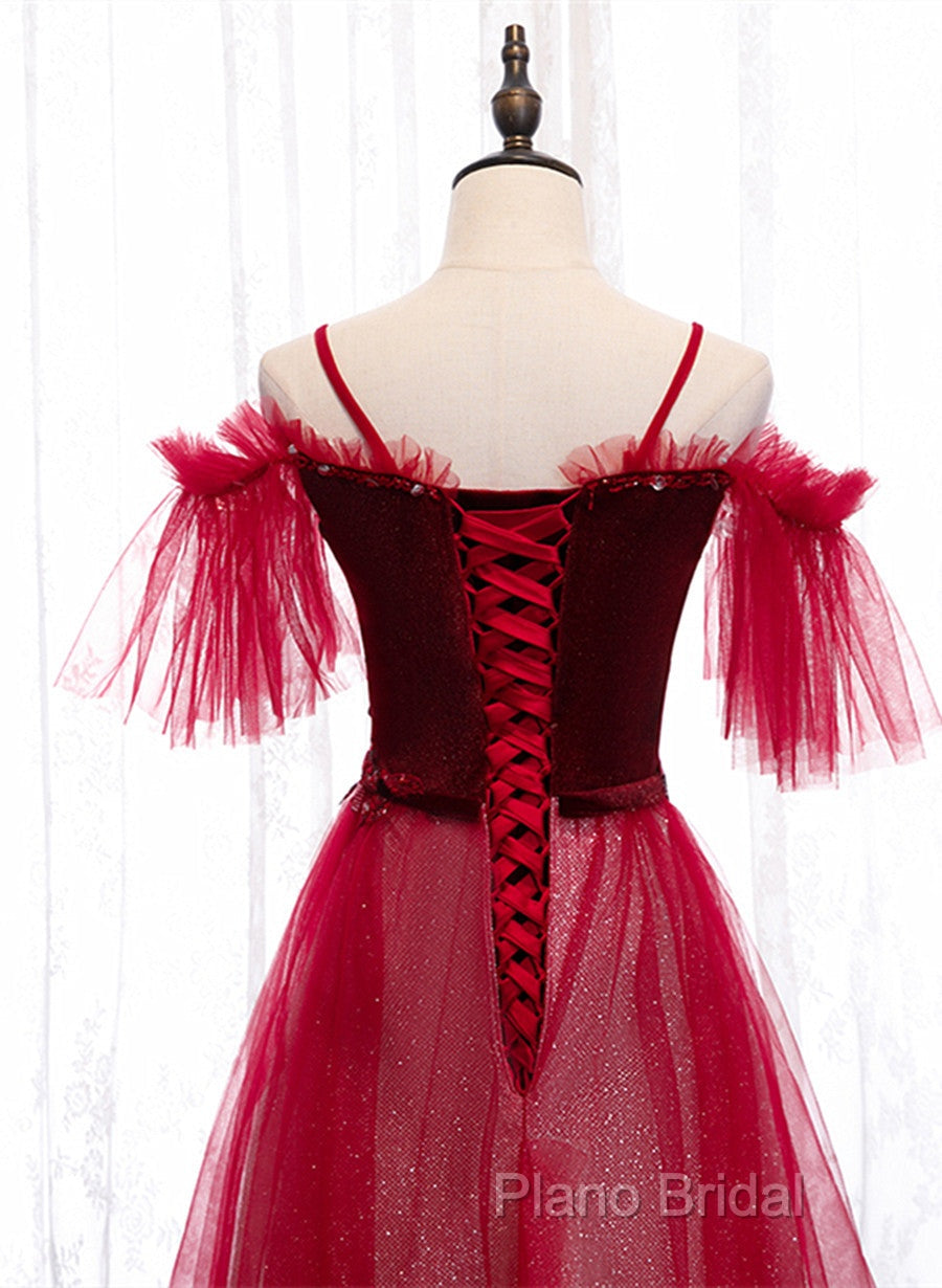 Red A-Line Floor Length Off Shoulder Long Formal Prom Dresses, Red Long Formal Dresses