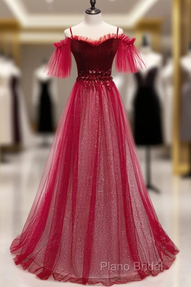 Red A-Line Floor Length Off Shoulder Long Formal Prom Dresses, Red Long Formal Dresses Main image