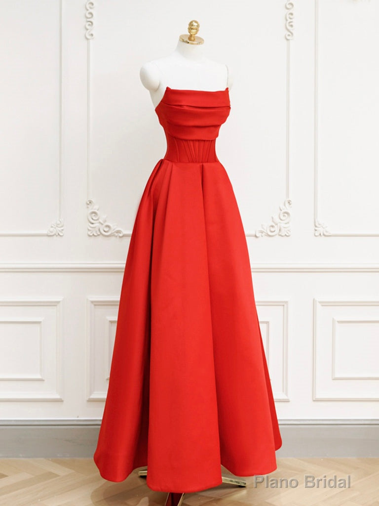 Red A-Line Satin Long Prom Dress, Red Long Formal Dress Secondary image
