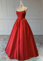 Red A-Line Sleeveless Square Neckline Satin Prom Dress