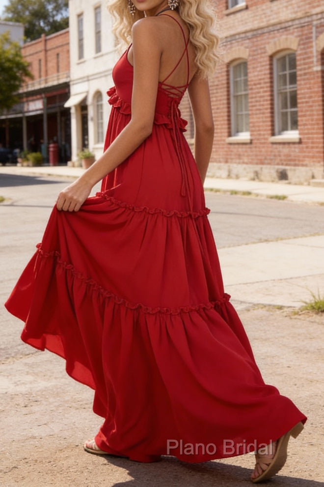 Red A-line V Neck Sleeveless Floor-Length Chiffon Prom Dress Long Prom Dresses Backless with Pleated Ruffles