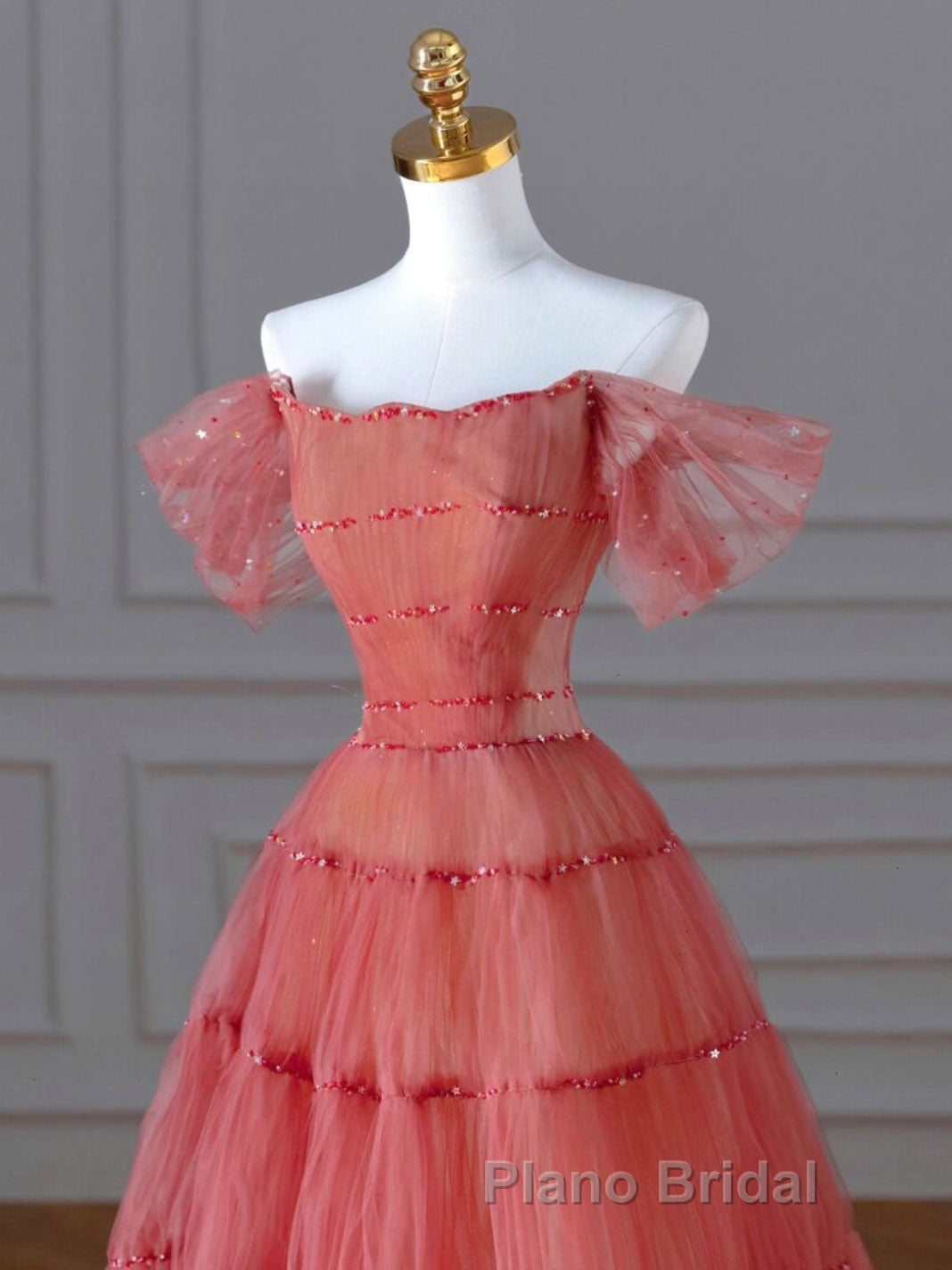 Red Aline Tulle Long Formal Prom Dresses, Red Tulle Formal Graduation Dresses With Beading Sequin Secondary image