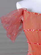 Red Aline Tulle Long Formal Prom Dresses, Red Tulle Formal Graduation Dresses With Beading Sequin