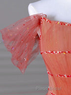 Red Aline Tulle Long Formal Prom Dresses, Red Tulle Formal Graduation Dresses With Beading Sequin