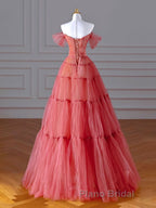 Red Aline Tulle Long Formal Prom Dresses, Red Tulle Formal Graduation Dresses With Beading Sequin