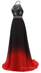 Red And Black Halter Beaded Chiffon Party Dresses, A-Line Gradient Formal Dresses
