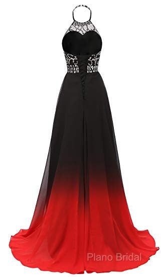 Red And Black Halter Beaded Chiffon Party Dresses, A-Line Gradient Formal Dresses