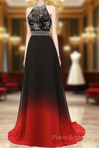 Red And Black Halter Beaded Chiffon Party Dresses, A-Line Gradient Formal Dresses
