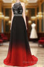 Red And Black Halter Beaded Chiffon Party Dresses, A-Line Gradient Formal Dresses