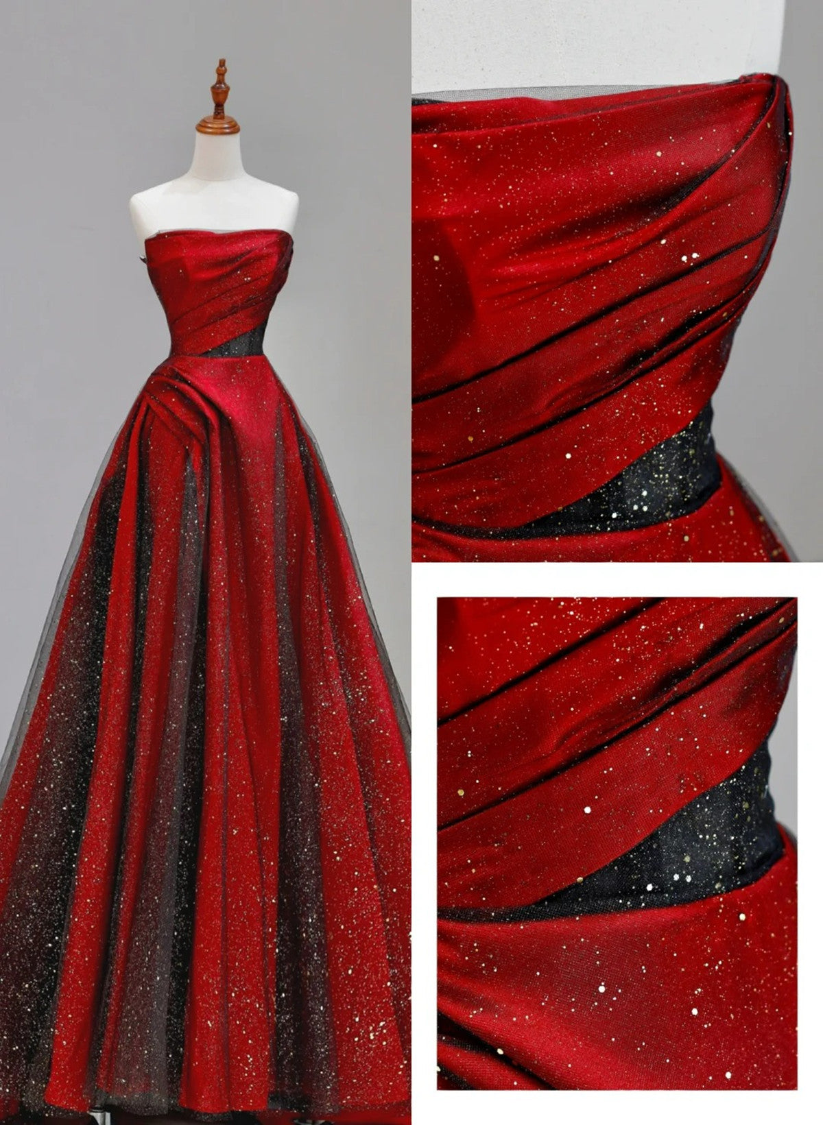 Red And Black Satin With Tulle Chic Long Party Dresses, Red Long Formal Prom Dresses