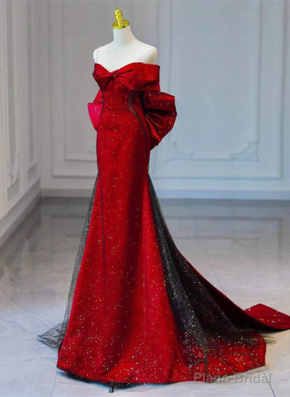 Red and Black Sweetheart Off Shoulder Formal Dress, Long Prom Dress with Bow Main image
