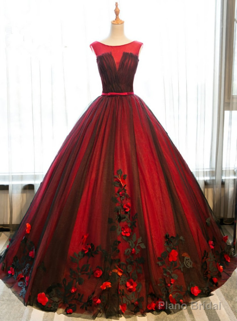 Red And Black Tulle Appliques Backless Princess Quinceanera Dresses Main image
