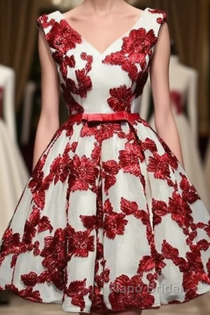 Red And White Short Homecoming Dresses, Lace-Up Back Party Dresses, Pretty Formal Dresses