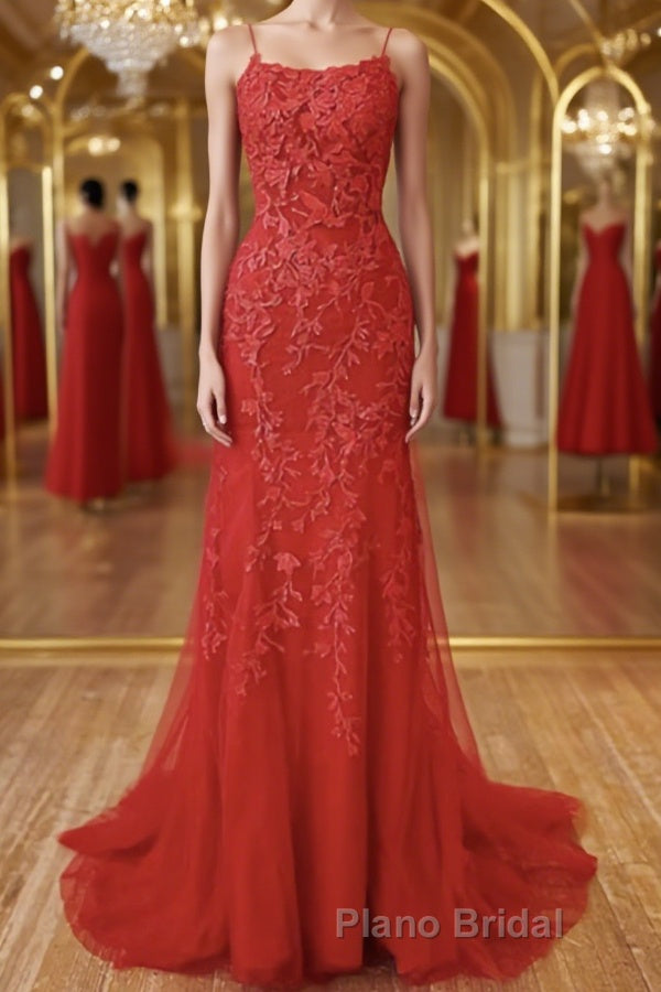 Red Backless Lace Formal Prom Dresses, Red Open Back Lace Formal Evening Dresses Main image