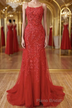 Red Backless Lace Formal Prom Dresses, Red Open Back Lace Formal Evening Dresses