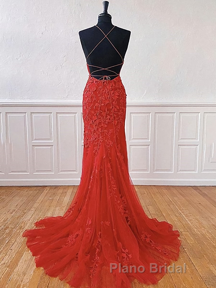 Red Backless Lace Formal Prom Dresses, Red Open Back Lace Formal Evening Dresses Secondary image
