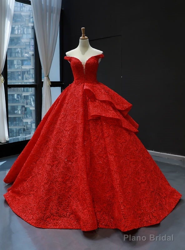 Red Ball Gown Lace Off the Shoulder Floor Length Quinceanera Dress