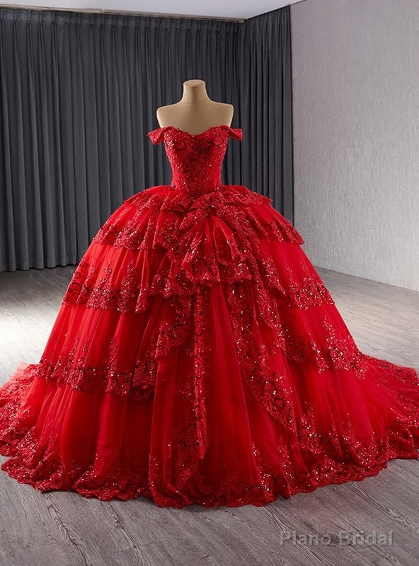 Red Ball Gown Lace Tiers Prom Dress Main image
